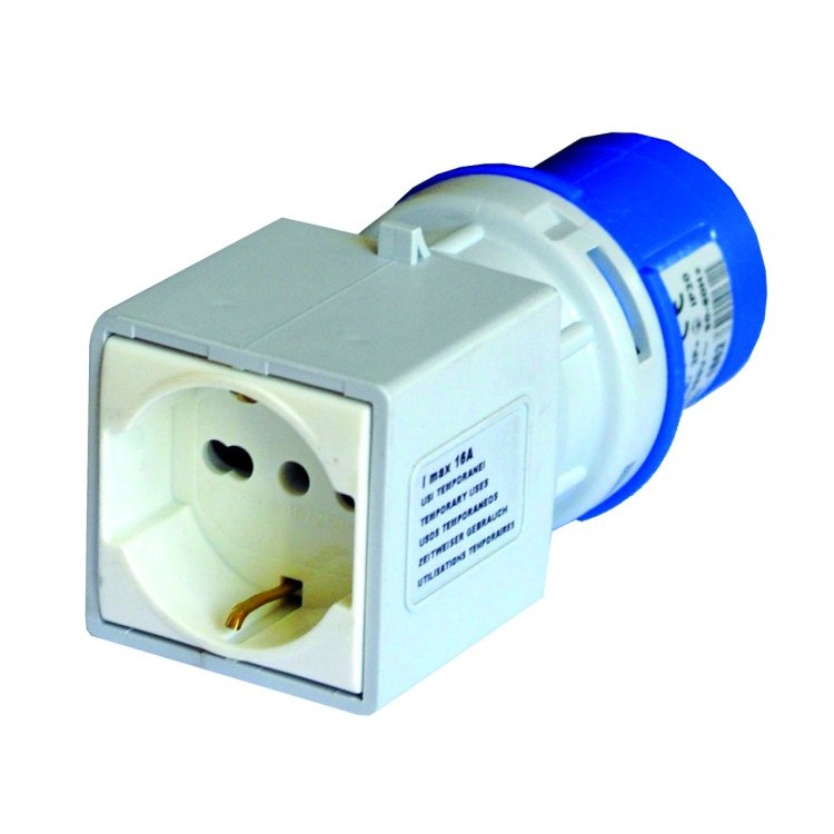 1 - Adapter van blauwe CEE-stekker naar Schuko CBE R426-B stopcontact voor camper caravan