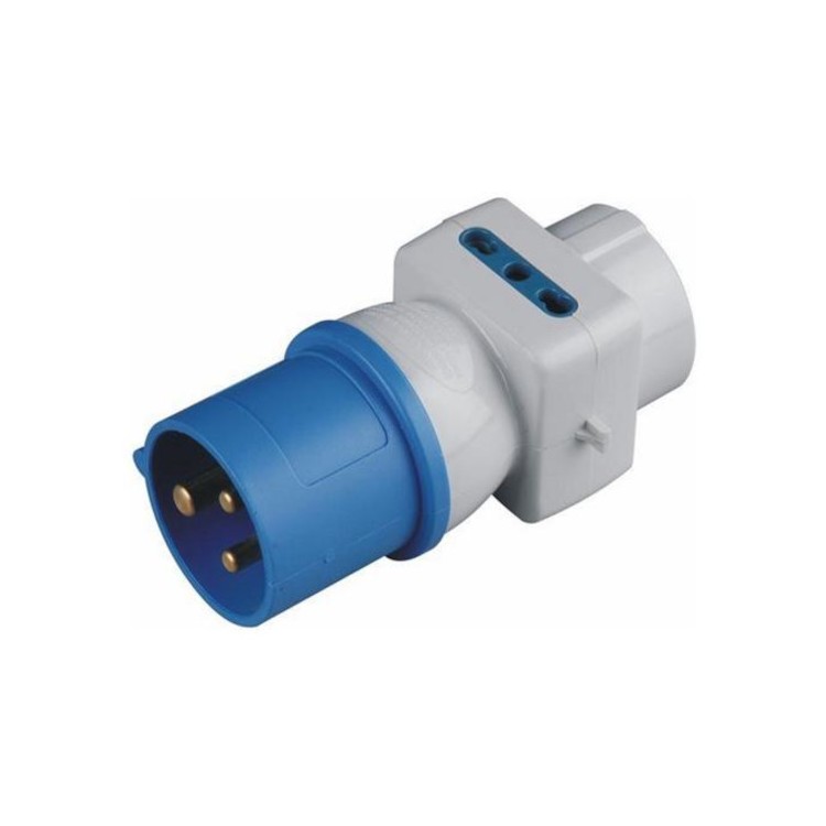 1 - Adapter vom blauen CEE-Industriestecker auf Schuko-Steckdose und zwei seitliche Steckdosen