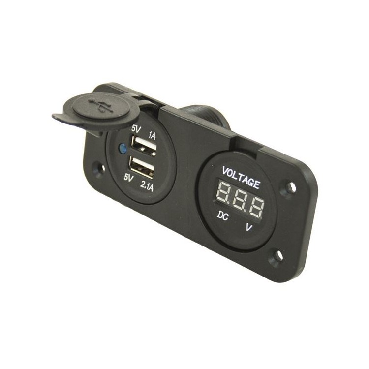 1 - Voltmeter + Double USB Socket 12V Flush Mount Car Van Camper