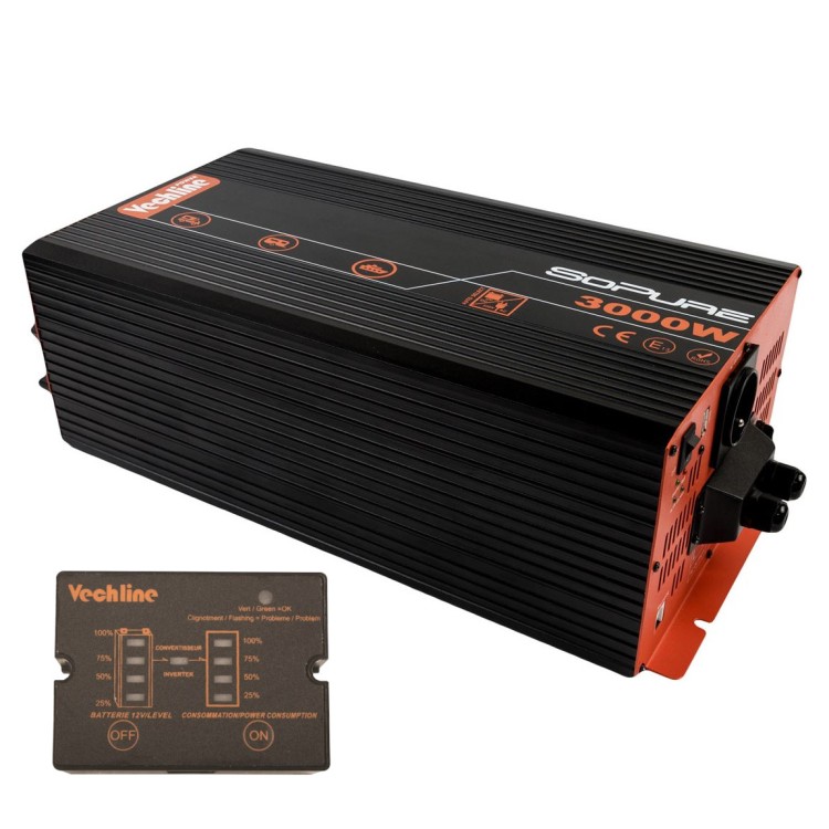 1 - VechLine Onduleur Pure Wave 3000W 12V avec télécommande pour camping-car et bateau
