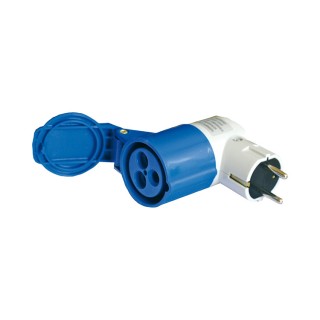 1 - Adaptateur prise Schuko 90 degrés vers prise bleue CEE CBE R428 camping-car caravane