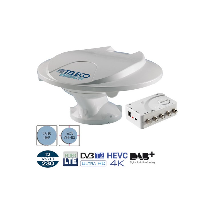 1 - Antenne TV de toit pour camping-car Teleco Wing 11 + amplificateur + câble 5 m