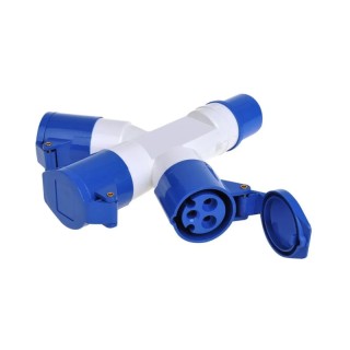 1 - Industriële blauwe drievoudige stopcontactadapter voor campers, caravans, bestelwagens en kampeerauto's