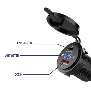 3 - Prise USB 3.0 encastrée 12V/24V PD Type C avec voltmètre numérique