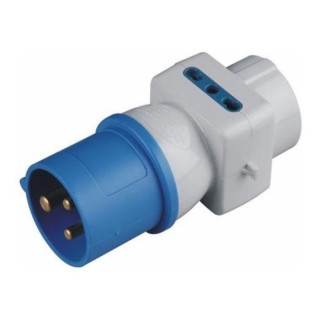 1 - Adapter van blauwe CEE industriële stekker naar geaarde stopcontact en twee zijaansluitingen